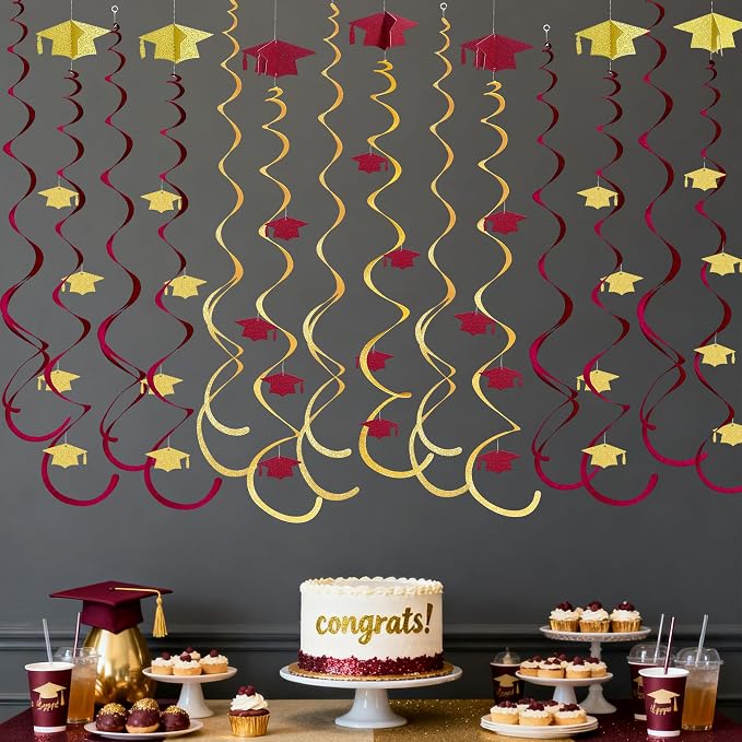 24Pcs Maroon Gold Graduation Grad Cap Hanging Felt Swirl Streamer Spiral - Image 7