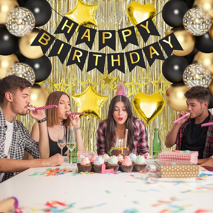 Black Gold Birthday Decorations, Hanging Swirls, Cake Toppers - Image 6