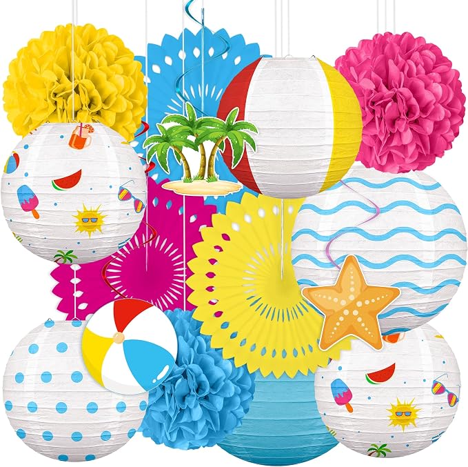 Renbuzhu 15Pcs Beach Party Decorations Paper Lanterns Fans Pom Poms Hanging by Renbuzhu