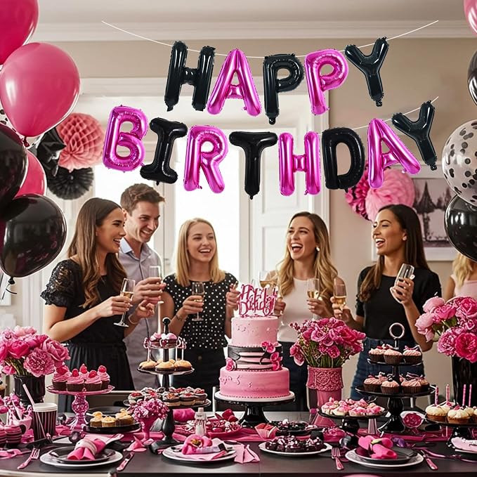 TONIFUL Black Hot Pink Happy Birthday Balloon Banner Decor - Image 3