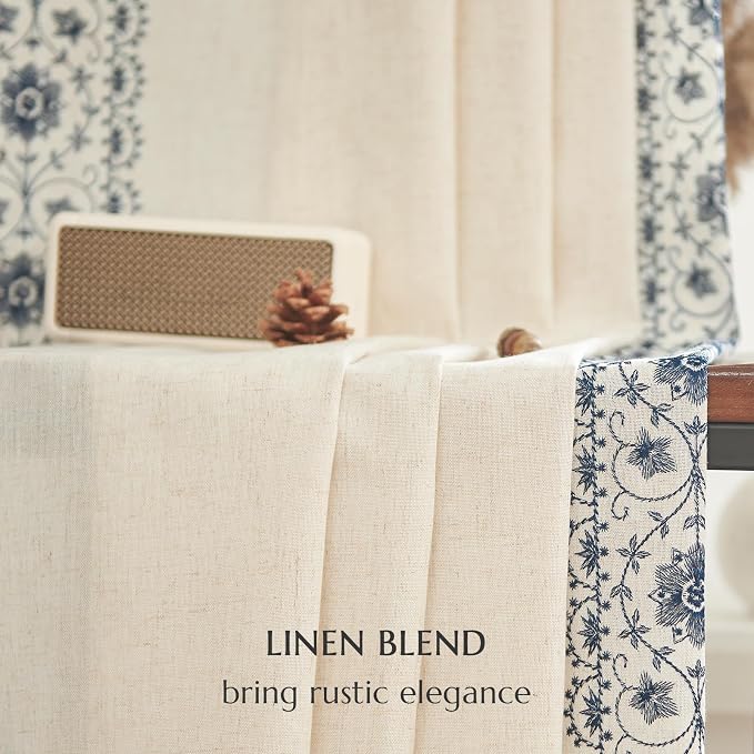 jinchan Floral Linen Curtains Embroidered Back Tab 50x63in 2 Panels Blue | - Image 9