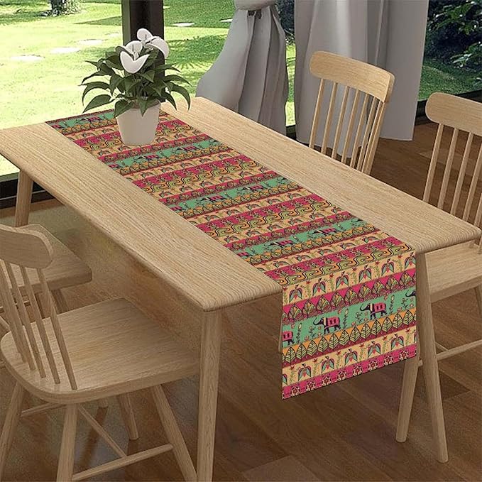 Boho Table Runner, Indian Bohemian Elephant Mandala Paisley Floral Hippie Art Print Table Center Decor for Home Kitchen Dining Patio Holiday Party Indoor Outdoor Table Decorations, 13"x108" Inch