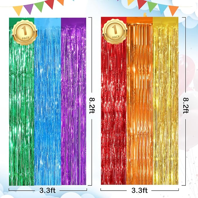 Rainbow Fringe Curtain Party Streamers 2Pack 3.3 x 8.3 Ft Foil Fringe Backdrop - Image 2