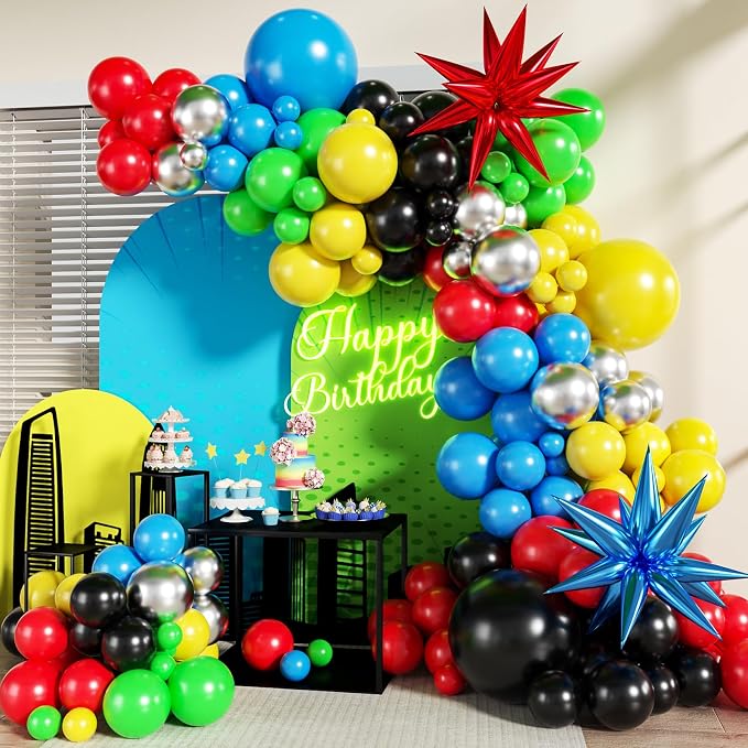 Red Blue Green Yellow Black Balloon Arch Kit, Birthday Decor | 140Pcs Hero by LANGASQUE