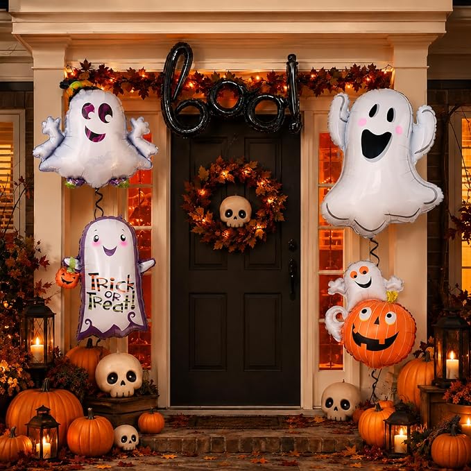 HILAVO 5PCS Halloween Foil Balloons Set, Ghost Pumpkin Boo Balloons Cute Happy - Image 6