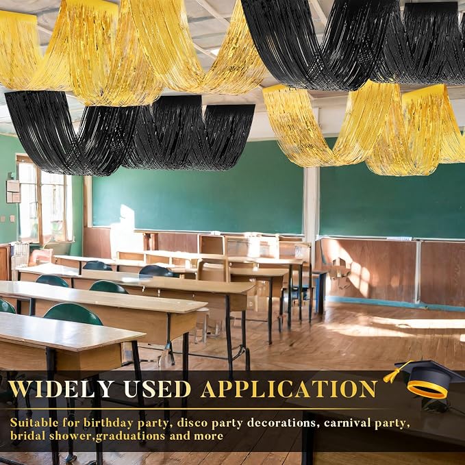 4 Pcs 15ft Gold Black Metallic Foil Ceiling Fringe Curtains, Party Decor Fringe - Image 6
