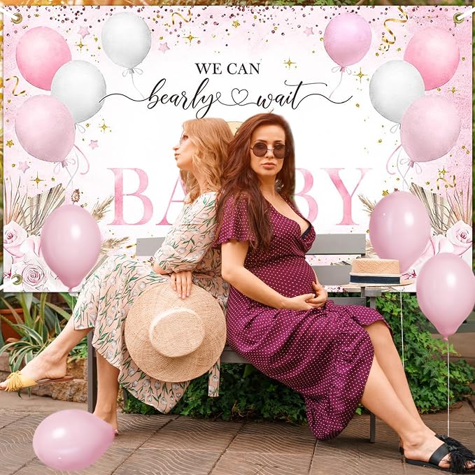 Pink Bear Baby Shower Backdrop 7x5 ft We Can Bearly Wait Banner - Image 5
