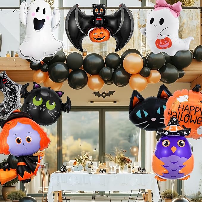 9Pcs Halloween Balloons Decoration Set, Foil Ghost, Spider Web, Pumpkin & Bat - Image 3