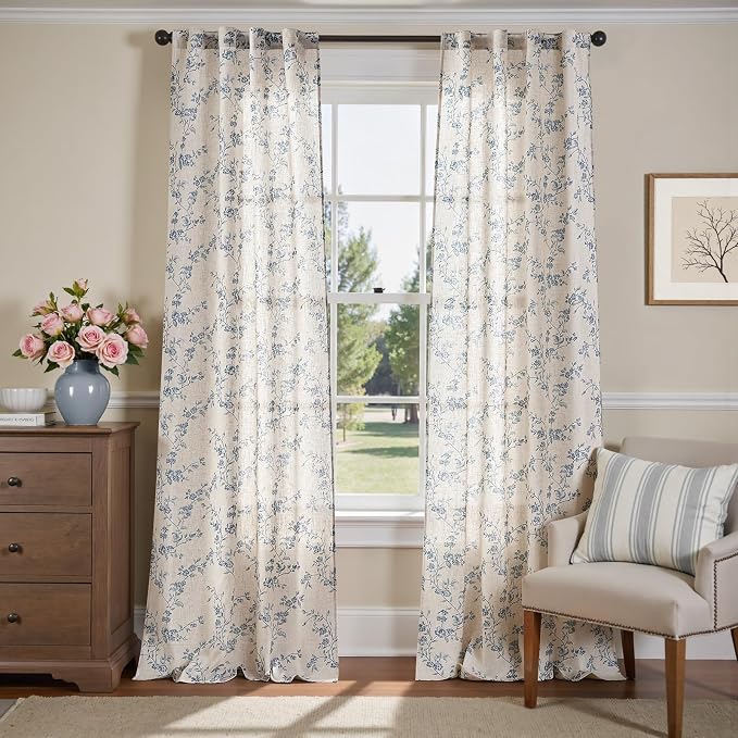 jinchan Blue Floral Linen Curtains 96 Inch Country Drapes Back Tab 2 Panels | - Image 2
