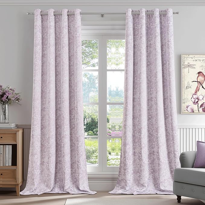Beauoop Purple Floral Jacquard Blackout Curtains Bedroom 52x108 2 Panels | - Image 2