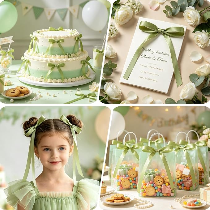 NEBURORA 50 Pcs Green Bows for Cake Decoration Party Ribbon Bowknots | Pastel - Image 5