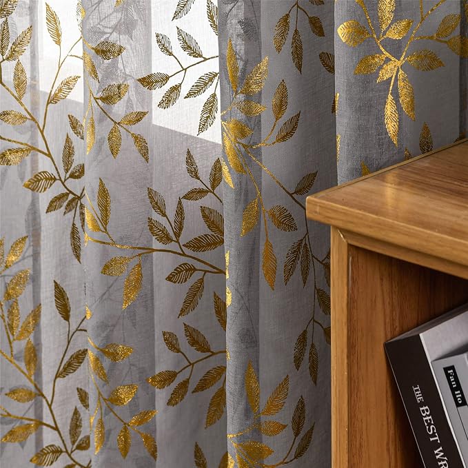 Sutuo Home Sheer Curtains 84 Inches Long 2 Panels Set, Luxury Gold Foil Printed - Image 3