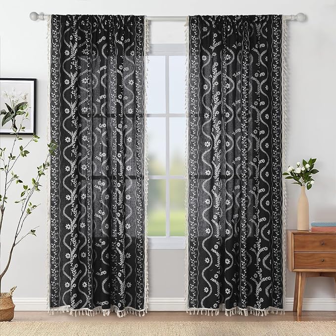 Schweek Black Boho Curtain 84 Inches Length 2 Panels Drapes - Image 2