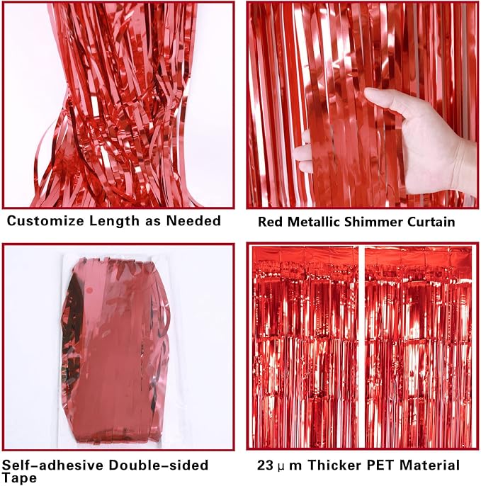 2 Pack Red Metallic Tinsel Foil Fringe Curtain, 3.2Ft x 8.2Ft Tinsel Curtain - Image 4