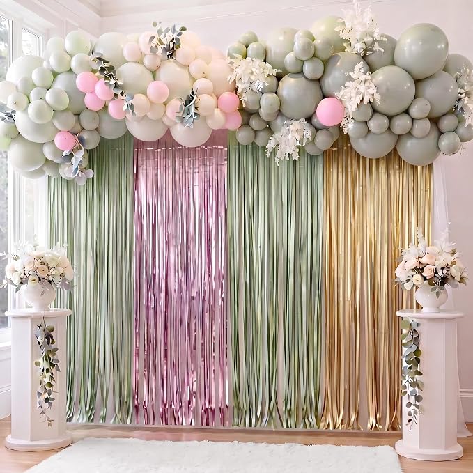 Frienda 4pcs Sage Green and Pink Party Decorations 6.6ft Fringe Curtains - Image 6