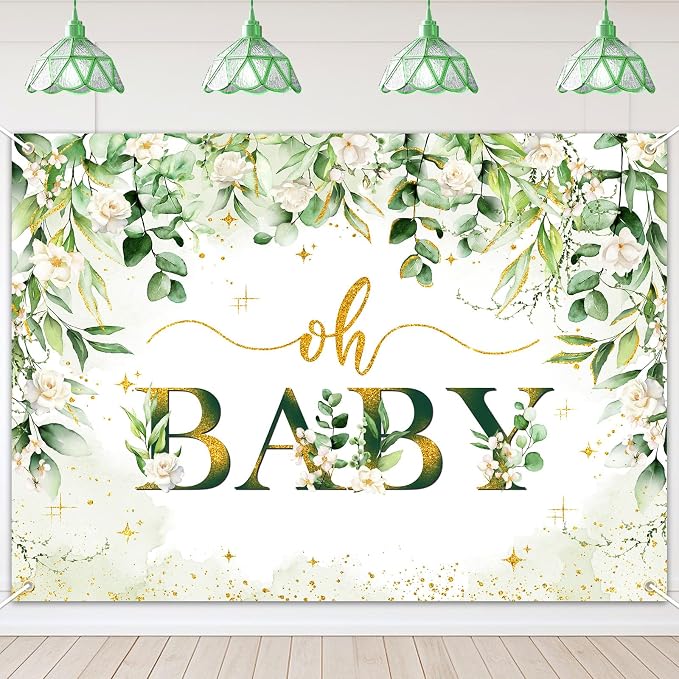 Greenery Boy Baby Shower Decorations Banner Floral Green Sage Oh Baby Backdrop by AVEZANO