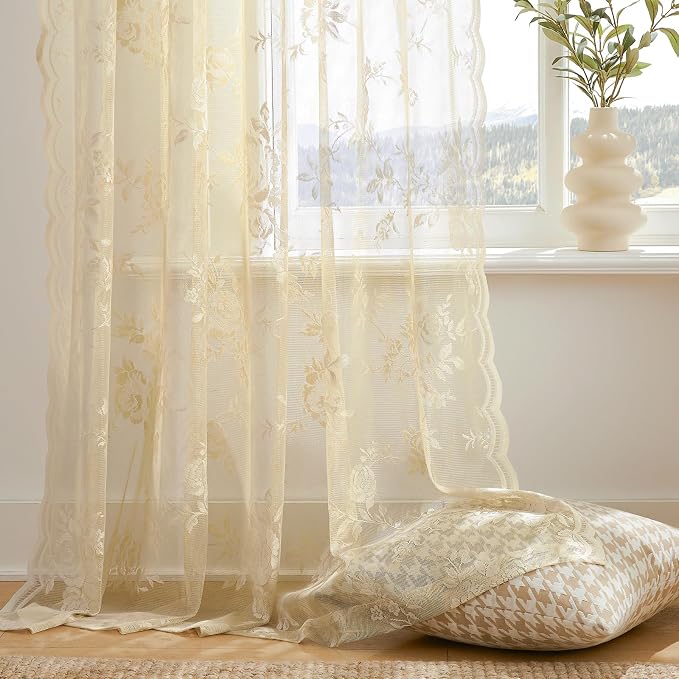 Beige Lace Curtains 120 Inches Long 2 Panels Vintage Floral Sheer Curtains - Image 4