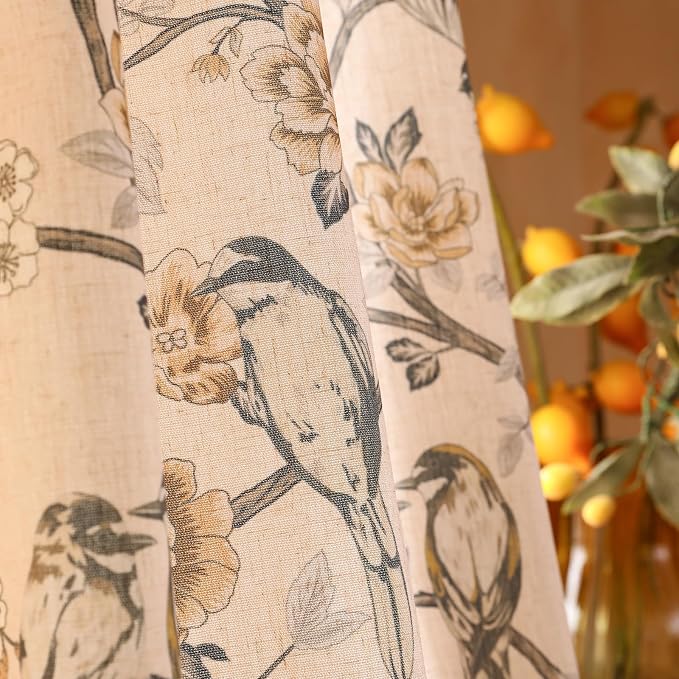 Designer French Linen Printed Curtains, 2 Panels, Bird and Flowers Pattern Draps - Image 9