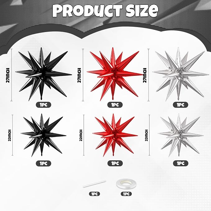 Silver Red Black Star Balloons, 22/27 Inch Silver Black Red Star Foil Balloons - Image 2