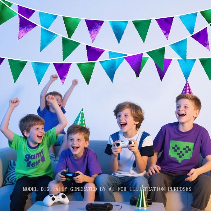 Blue Green Purple Party Decorations Metallic Fabric Triangle Pennant Banner - Image 5
