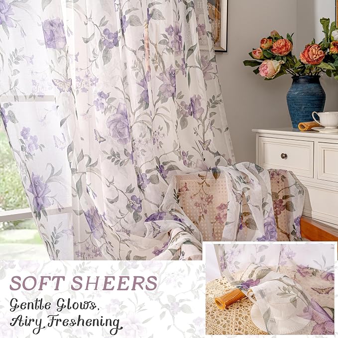 Floral Sheer Curtains 96 Inch Length 2 Panels, Vintage Farmhouse Light - Image 6