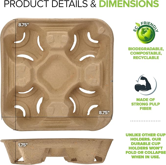 4 Cup Disposable Coffee Tray, Commercially Compostable Cup Holder, Durable - Image 3