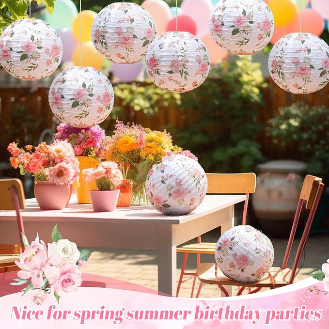 Honoson 12 Pcs Pink Rose Paper Lanterns Spring Floral Party Decorations Hanging - Image 4