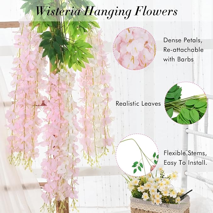 40 Pack White Pink Wisteria Hanging Flowers, Fake Flowers - Image 5