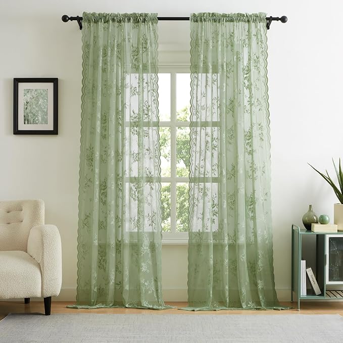 Sage Green Lace Curtains 84 Inches Long Country Rustic Floral Sheer Curtains by SEEKRIGHTHomeDecor
