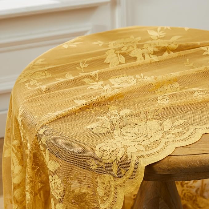 Earth Yellow Lace Curtains 45 Inch Length 2 Panels Set Country Flower Sheer - Image 8