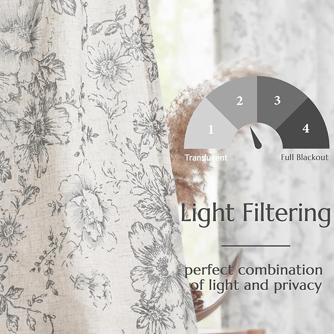 jinchan Grey Floral Linen Curtains 45 Inch Vintage Back Tab 2 Panels | Light - Image 4