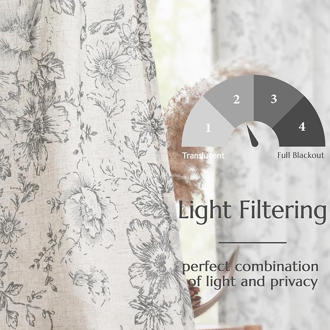 jinchan Grey Floral Linen Curtains 96 Inch Farmhouse Back Tab 2 Panels | Light - Image 5