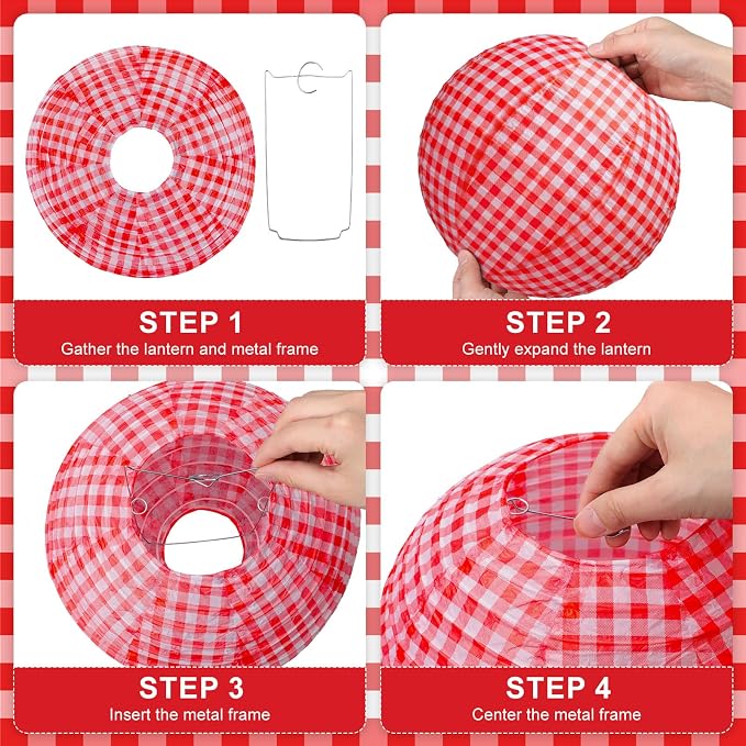 Honoson 12 Pcs Red Gingham Paper Lanterns Picnic Party Decoration 10 Inch - Image 5