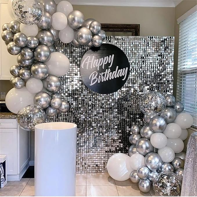 Silver and White Balloons, 12 Inch Metallic Silver White Latex Balloons Set - Image 8