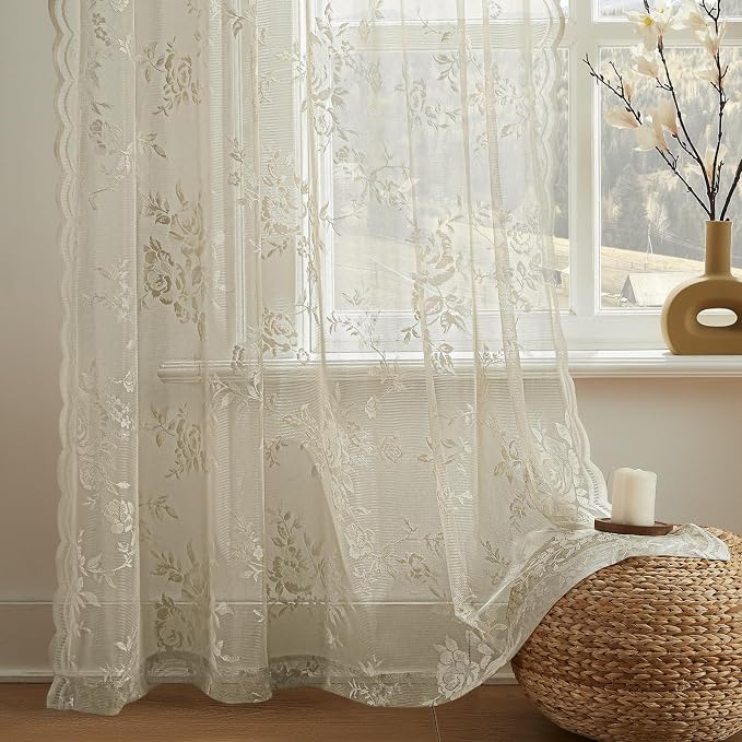 Khaki Lace Curtains 84 Inches Long 2 Panels Vintage Floral Sheer Curtains - Image 8