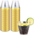 50counts 9 OZ. Disposable Cups Old fashioned Party Tumblers, 9 Ounce Squat Cups Gold Wine Glasses Hard Plastic Cups with Gold Rim