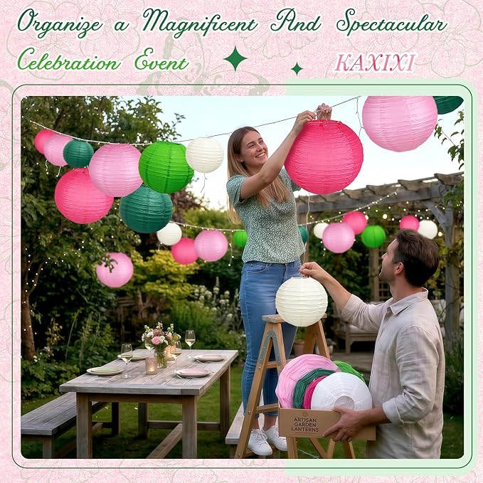 15-Piece Pink Green White Paper Lanterns Party Decorations | 6/8/10-Inch - Image 3