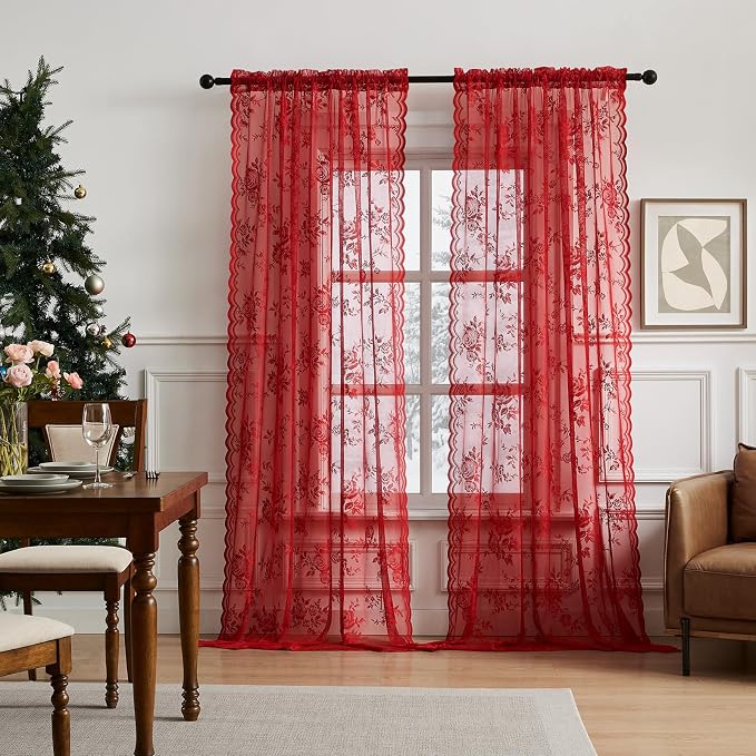 Red Lace Curtains 72 Inch Length 2 Panels Set Valentine's Romantic Flower Sheer - Image 2
