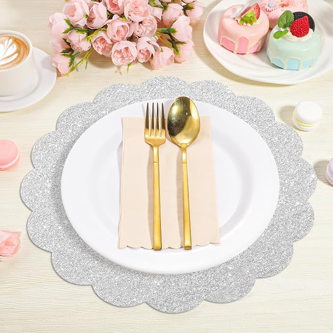 60 Pcs Silver Glitter Paper Placemats, 13.5 Inch Scalloped Table Mats | - Image 3