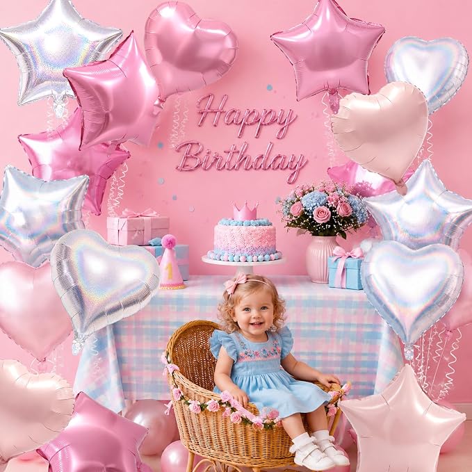 TONIFUL 18 Inch Pink Silver Star and Heart Foil Balloons - Image 5