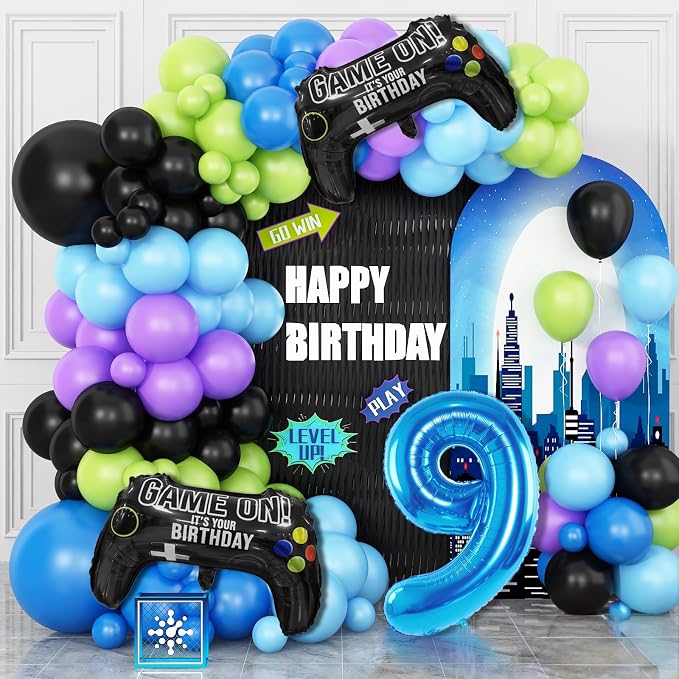 9th Birthday Video Game Balloons Arch, 9th Party Balloons Garland Kit 9th Game by Cledeco
