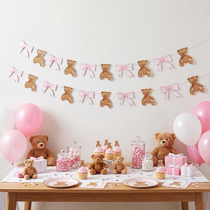 2 Pcs Pink We Can Bearly Wait Banner 6.56 ft Bear Theme Baby Shower Decorations - Image 4
