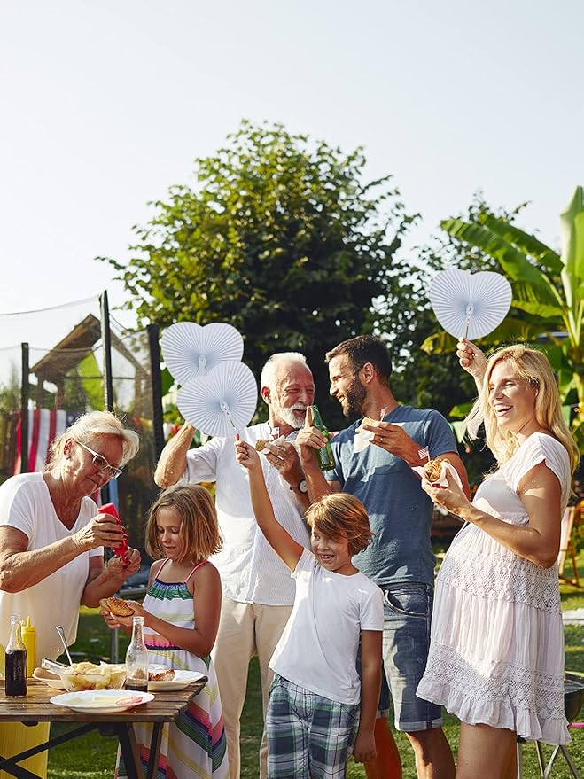 Cosweet 50 Pack White Folding Fans- Heart Shaped Handheld Folding Accordion - Image 7