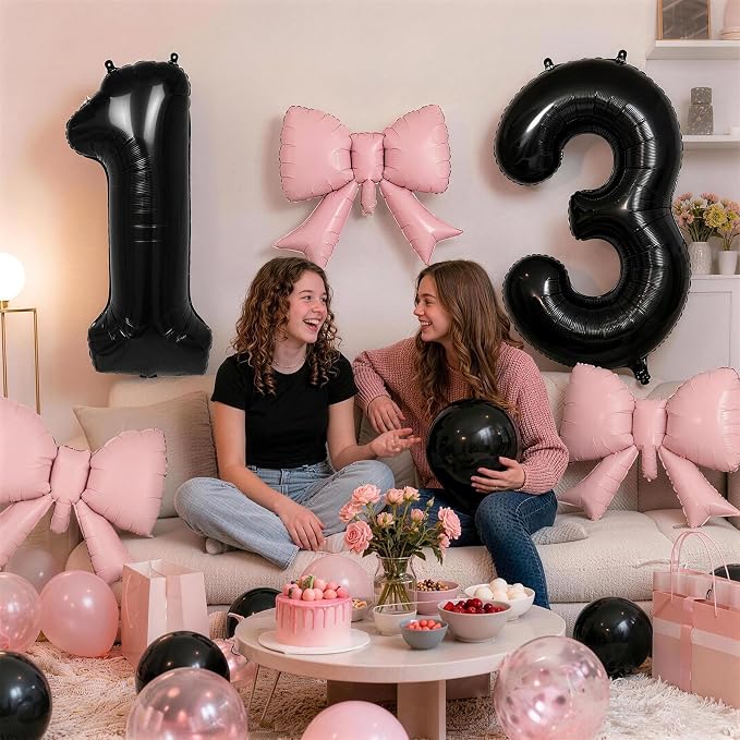 40 Inch Black Number 3 with Pink Bow Balloon, Giant Self Inflating Black Foil - Image 5
