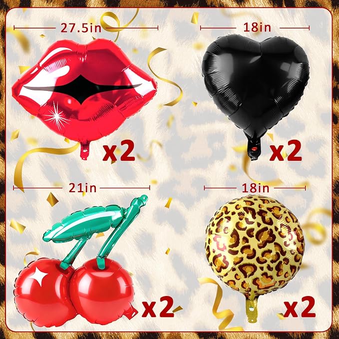 Cheetah Cherry Balloons 8pcs Red Lips Cherry and Black Heart Balloons Leopard - Image 2