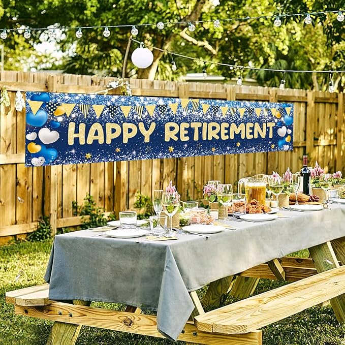 Happy Retirement Banner Backdrop Party Decoration Blue Gold Glitter Garland - Image 4