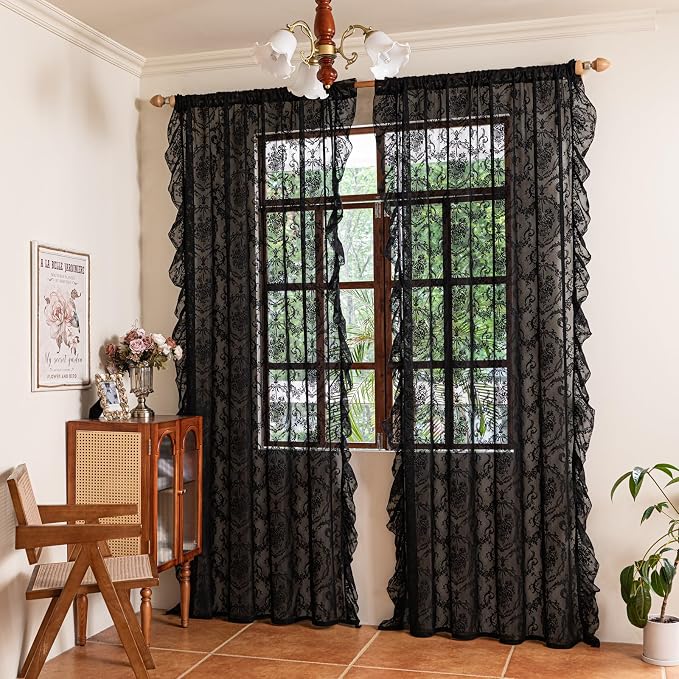 Deeprove Black Lace Curtains 63 Inch Length Set of 2 Panels Pair - Image 8
