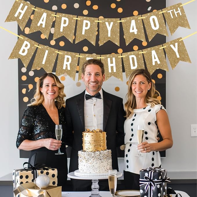 Netnology Pre-Strung Gold Glitter 40th Happy Birthday Banner Decorations | 12 - Image 6