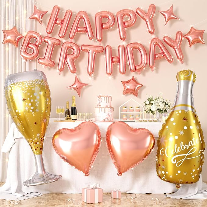 Rose Gold Happy Birthday Balloons Banner, Birthday Decorations by Hapmori