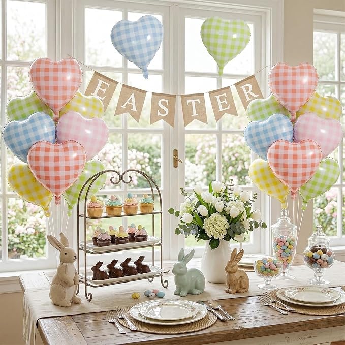 Pastel Checkered Heart Balloons, 18Inch Light Pink Blue Yellow Green Red - Image 5